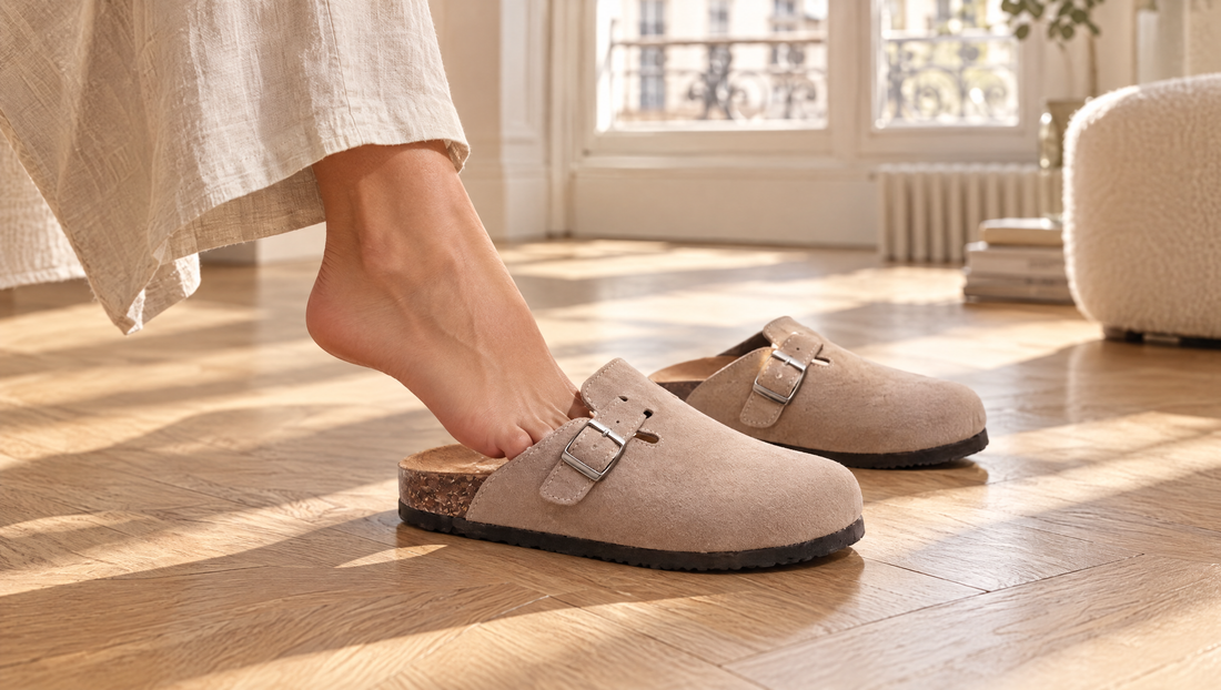 Nackter Fuß, der gleich in einen Clog aus veganem Velours in Taupe schlüpft, auf hellem Parkett