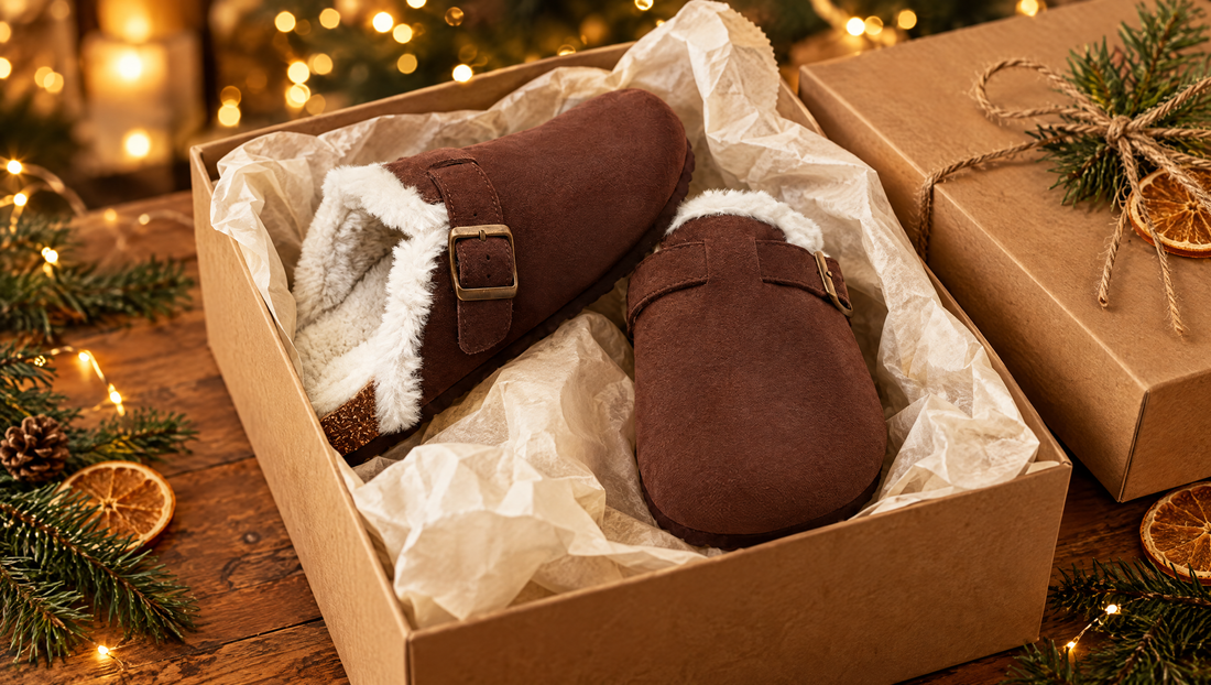 Geopende cadeaudoos van kraftpapier met bruine gevoerde clogs, dennentakken en kerstlichtjes