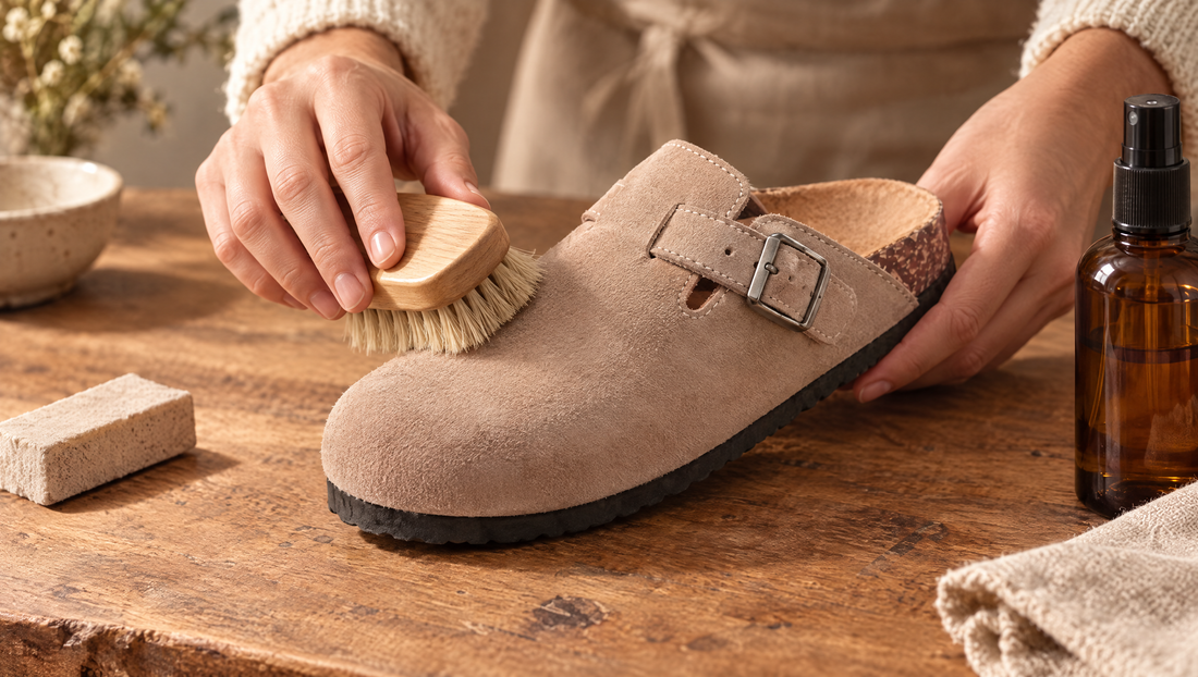 Hände bürsten einen Clog aus veganem Velours in Taupe mit einer Naturhaarbürste