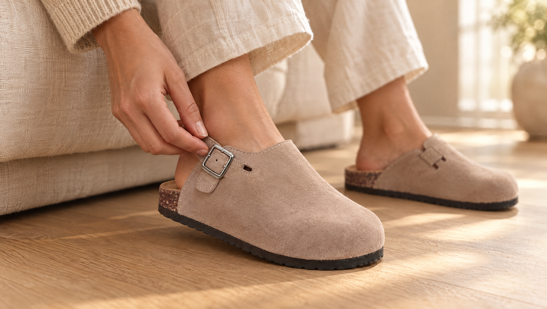 Hand verstelt de metalen gesp van een gedragen taupe clog van vegan velours
