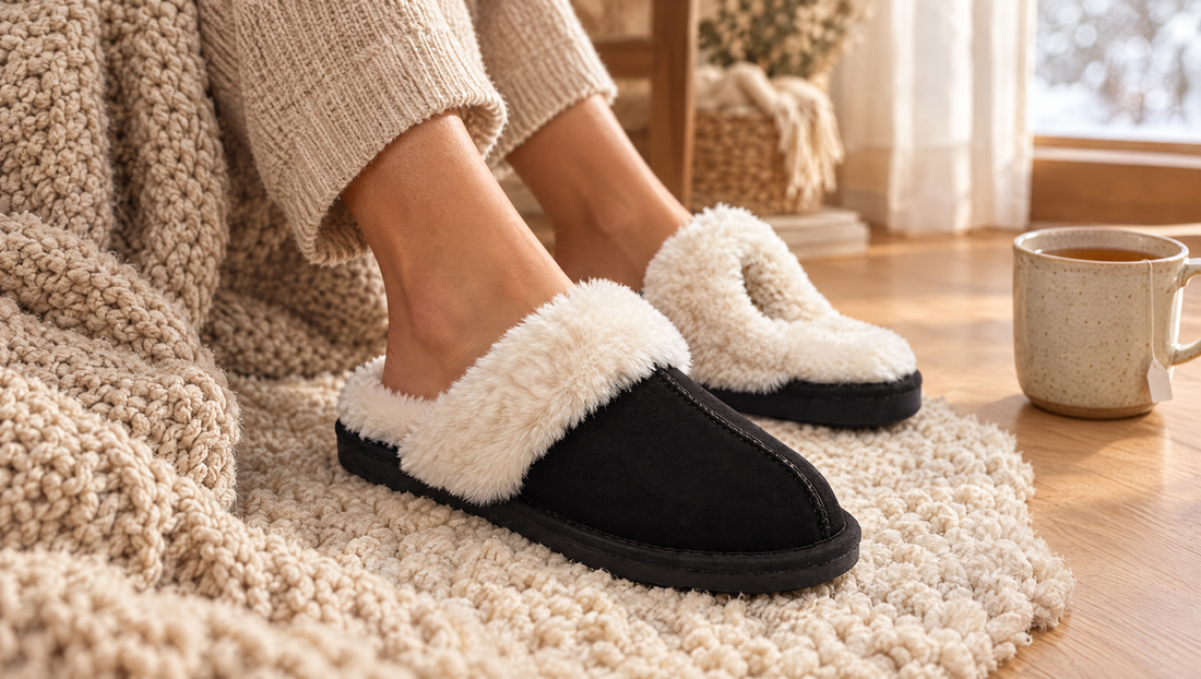 Feet in black lined slippers on a cream wool rug, next to a throw and a cup of tea