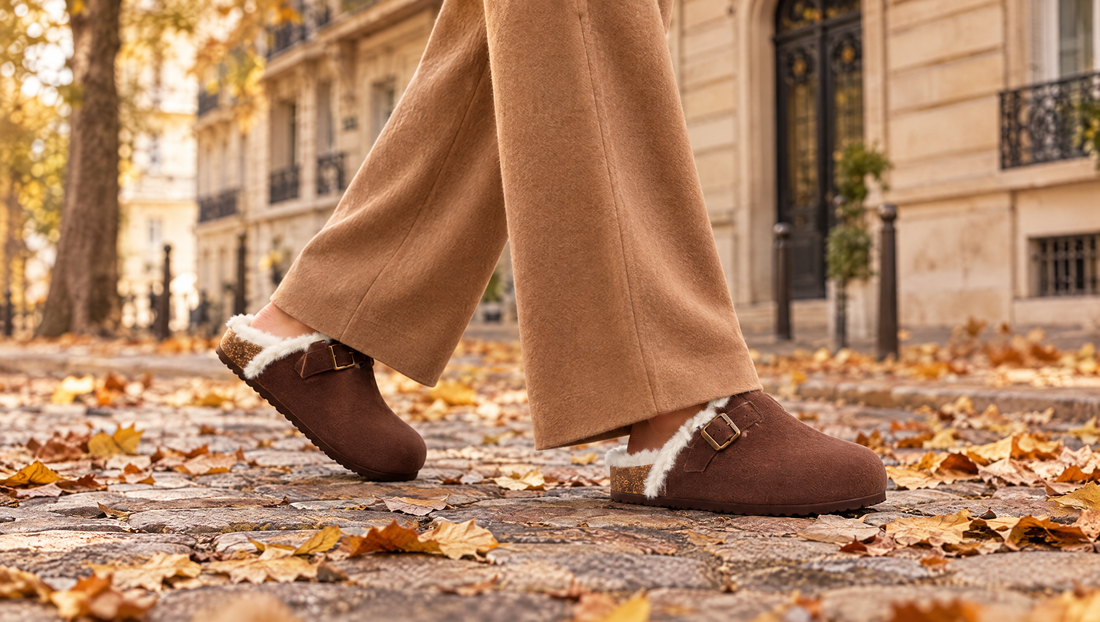 Vrouw op een Parijse stoep in de herfst, met een wijde camel broek en bruine gevoerde clogs