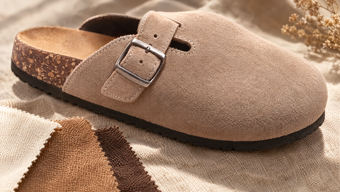 Close-up of the peach-skin soft vegan suede on a taupe buckle clog, on linen with fabric swatches