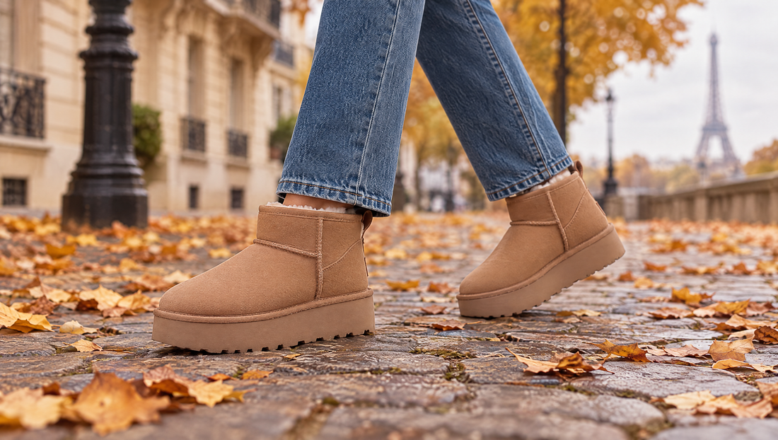 Woman walking on cobblestones covered in autumn leaves, in camel sherpa-lined ankle boots and jeans