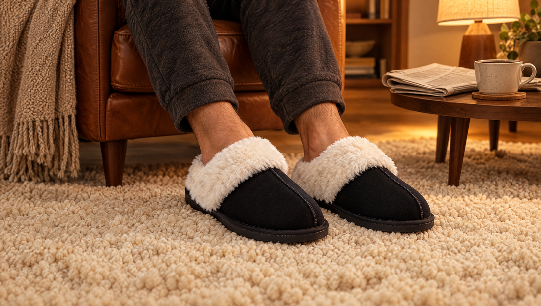 Mannenvoeten in zwarte pantoffels met een kraag van imitatiebont op een wollen kleed, bij een leren fauteuil