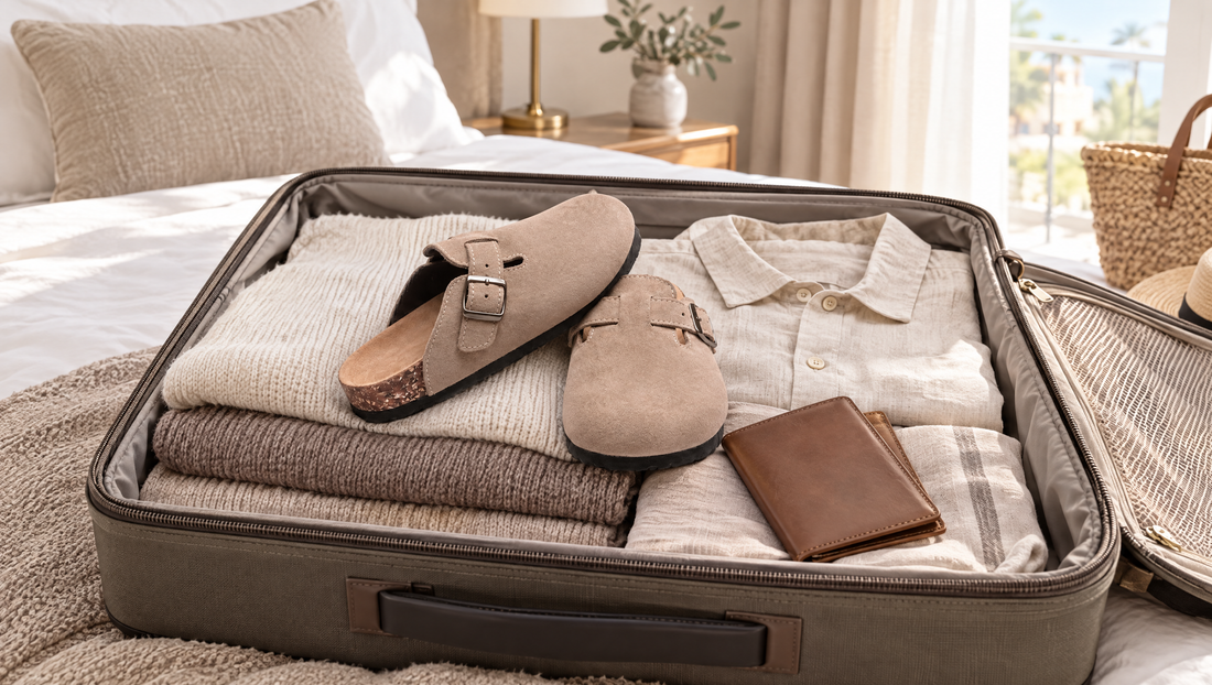 Open koffer op een hotelbed met opgevouwen truien en een paar taupe clogs van vegan velours