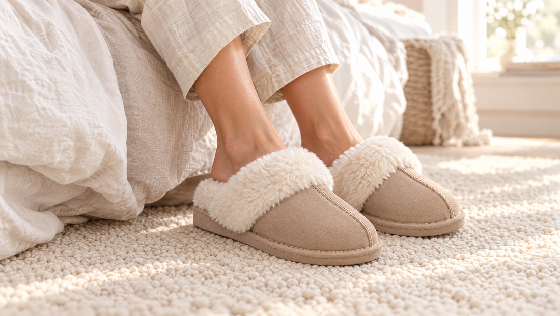 Mujer calzándose unas zapatillas beige con cuello de pelo sintético al borde de la cama, sobre una alfombra crema