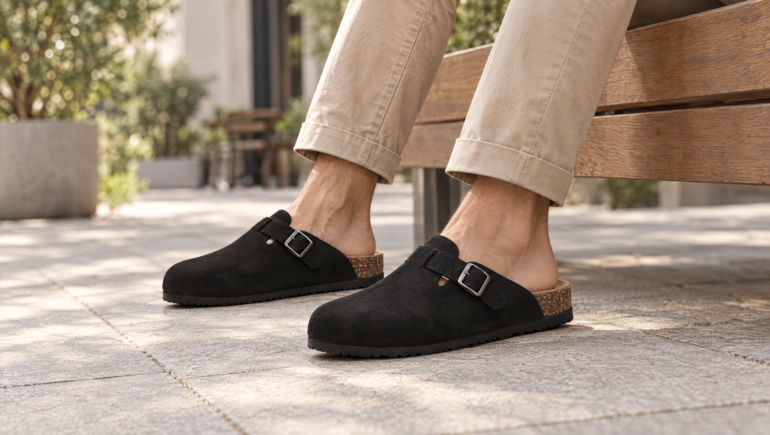 Homme assis sur un banc, portant des mules noires en velours vegan avec un chino beige