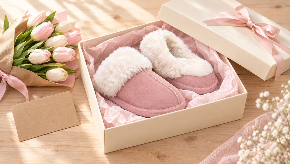 Geöffnete Geschenkbox mit Seidenpapier und rosa Hausschuhen mit Kunstfellkragen, daneben ein Tulpenstrauß