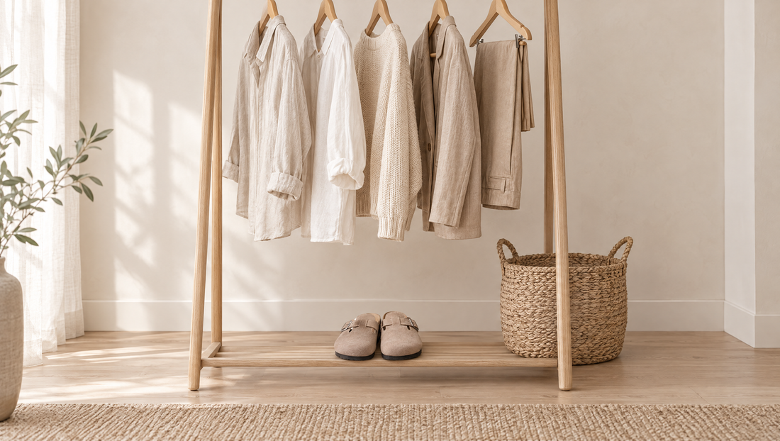 Portant en bois avec vêtements neutres en lin et maille, mules taupe posées au sol à côté d'un panier tressé