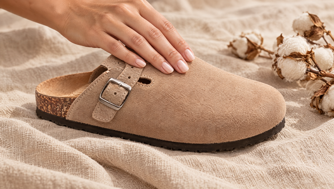 Hand brushing over a camel vegan suede clog on linen fabric with cotton flowers
