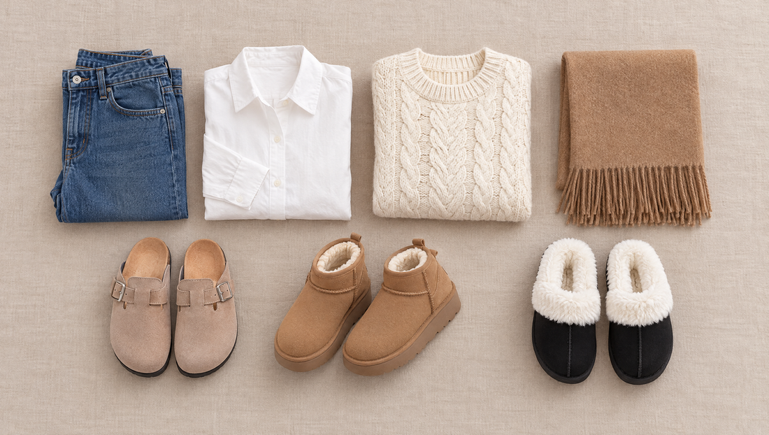 Flatlay van een capsulegarderobe: jeans, wit overhemd, trui, camel sjaal en drie paar Breya schoenen