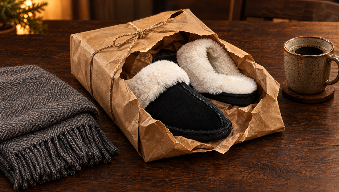 Paquet en papier kraft ouvert révélant des chaussons noirs à revers façon fourrure, écharpe grise et tasse sur une table en bois