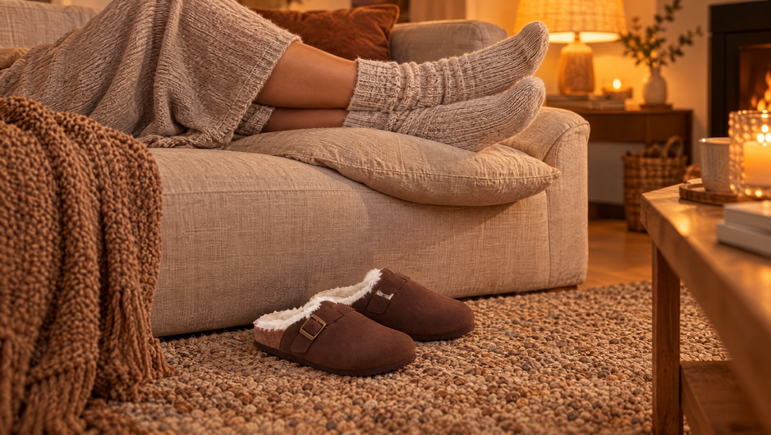 Jambes surélevées sur un coussin dans un canapé, mules fourrées marron posées sur le tapis