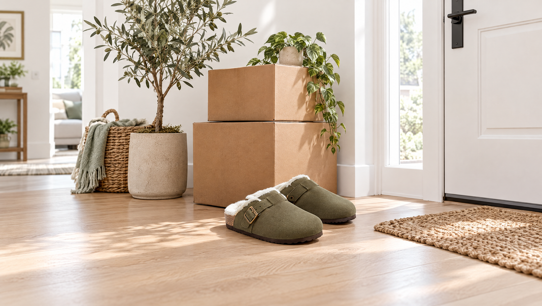 Eingang einer neuen Wohnung mit Umzugskartons, Olivenbaum im Topf und gefütterten Clogs in Khaki an der Tür