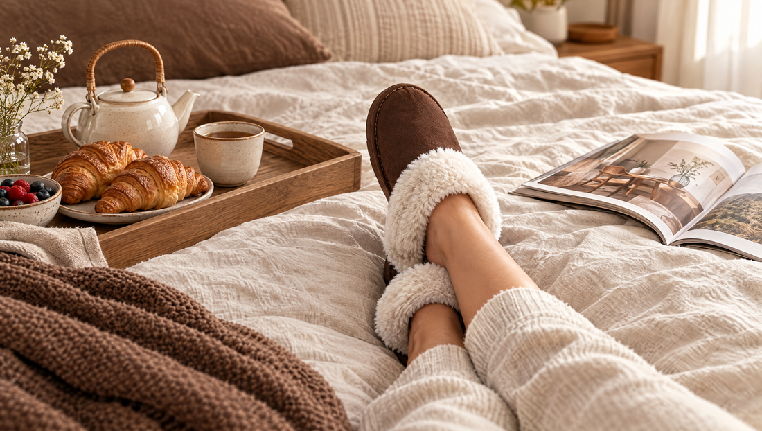 Plateau de petit-déjeuner avec croissants et thé sur un lit, pieds croisés en chaussons marron à revers façon fourrure