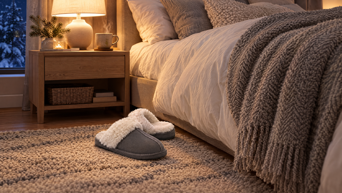 Winter bedroom at night with a lit bedside lamp, thick duvet and grey slippers with a faux-fur cuff by the bed