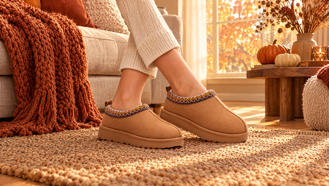Salon automnal avec plaid en maille rouille, petites citrouilles et pieds en chaussons d'extérieur camel sur un tapis en jute