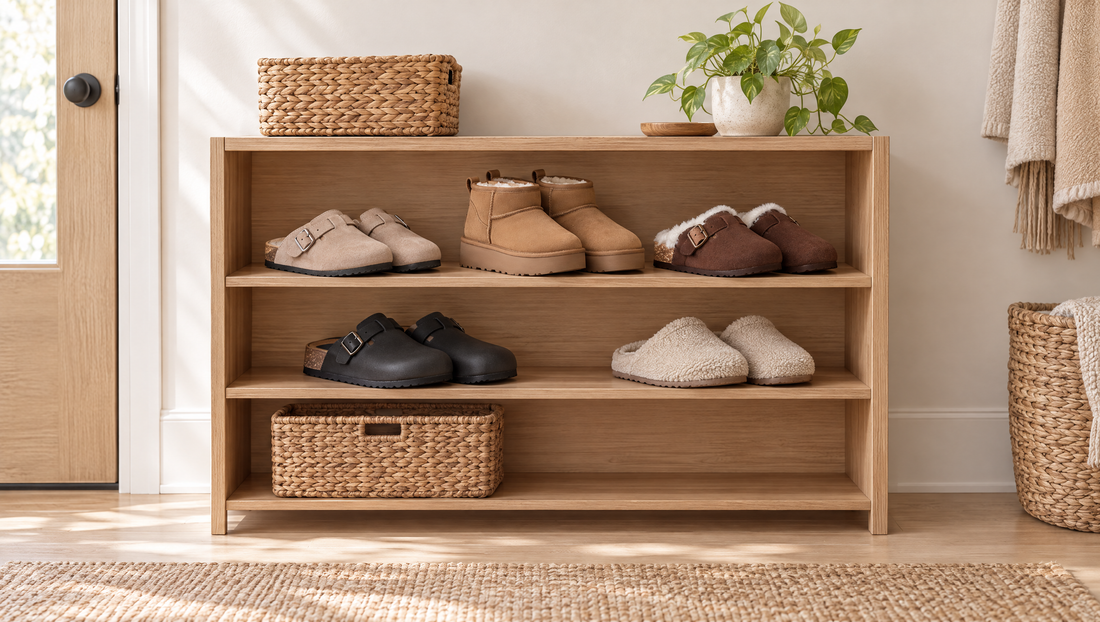 Schoenenrek van licht eiken met netjes opgeborgen clogs, enkellaarsjes en pantoffels, een gevlochten mand en een plant