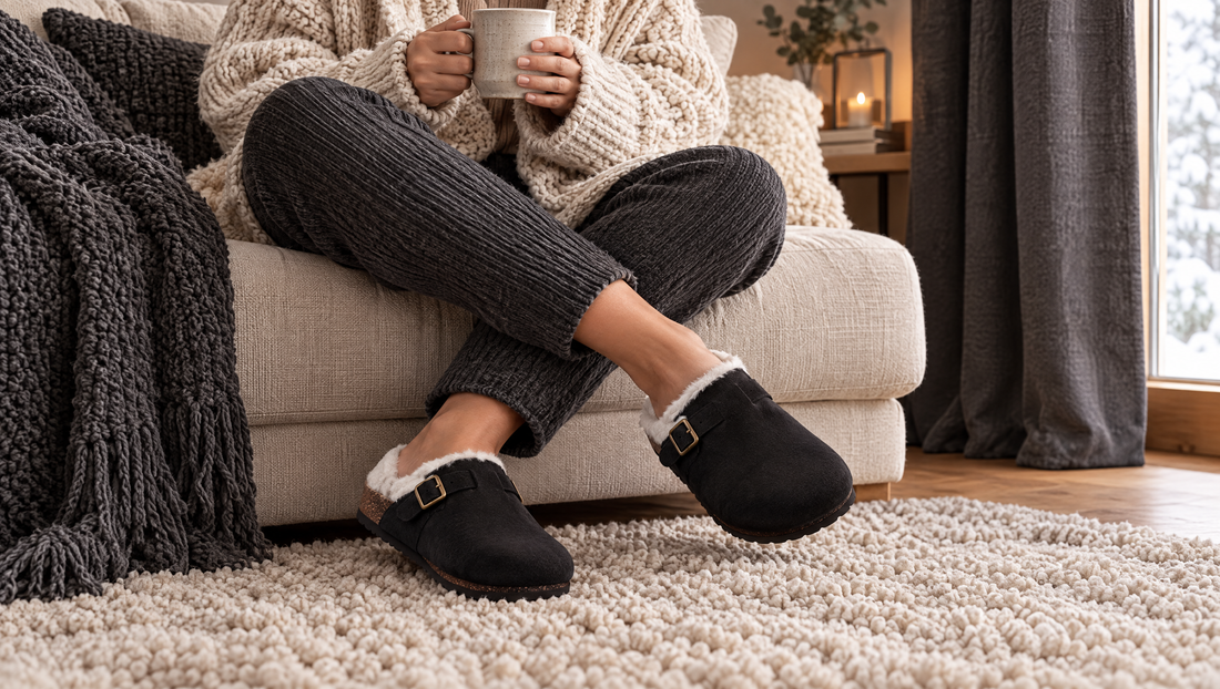 Person in a chunky knit cardigan sitting cross-legged on a sofa with a mug, feet in black lined clogs