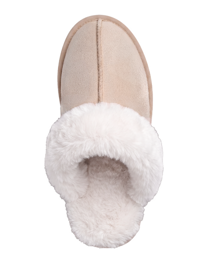 Chausson Merano en velours vegan beige, vue de dessus sur la doublure fourrure