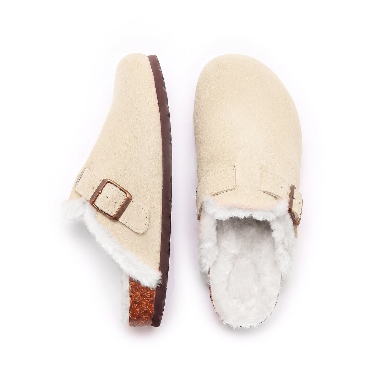 Paire de mules fourrées Bormio en velours vegan beige, vue de dessus, doublure fourrure et semelle intérieure visibles
