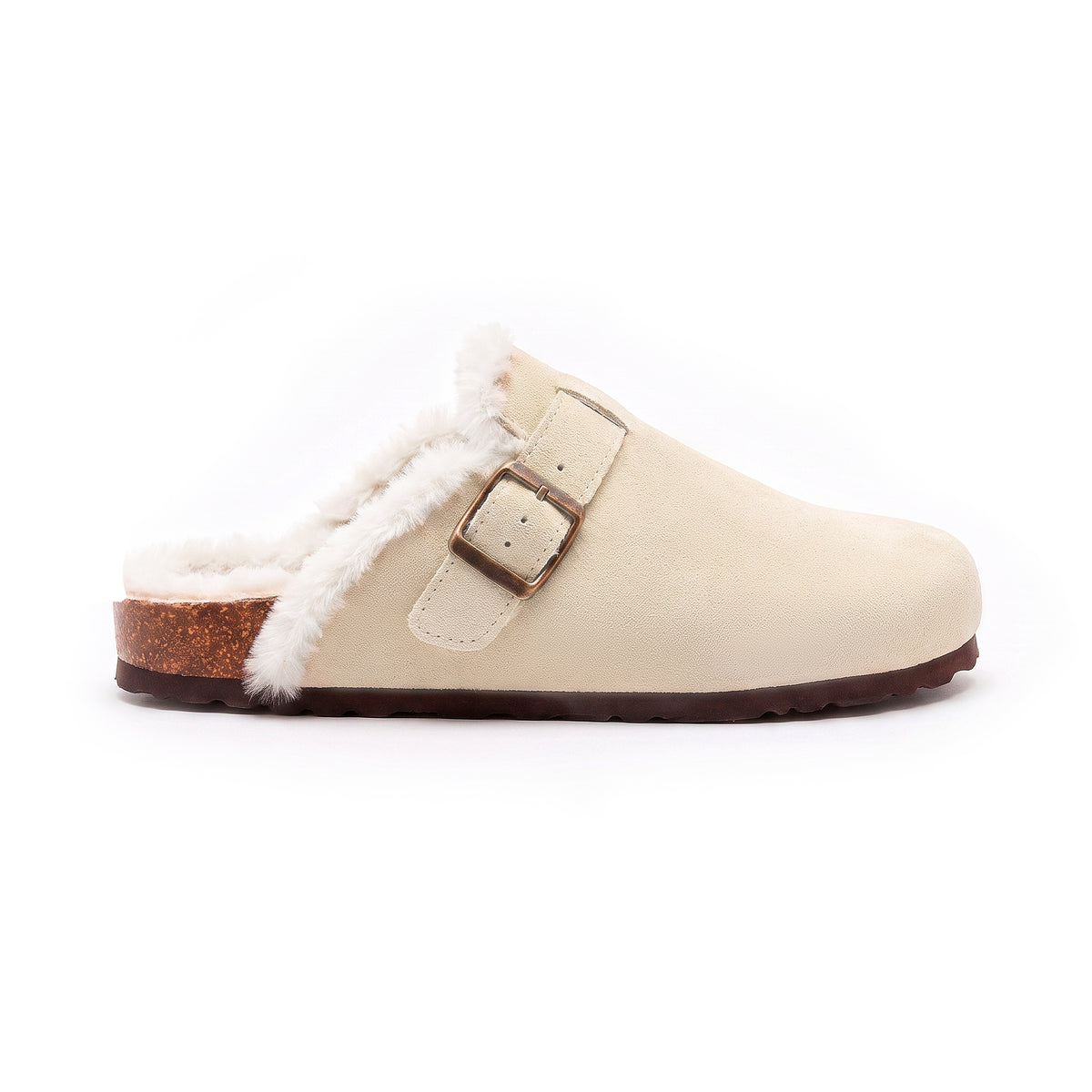 Mule fourrée Bormio en velours vegan beige, vue de profil, boucle métallique réglable et semelle façon liège