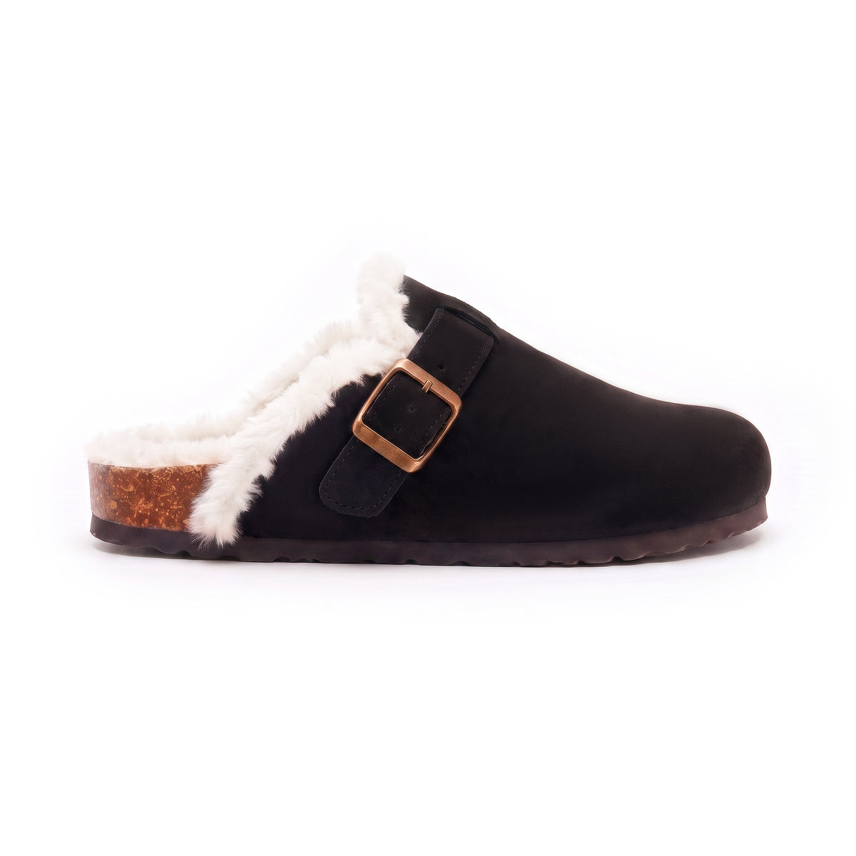 Mule fourrée Bormio en velours vegan noir, vue de profil, boucle métallique réglable et semelle façon liège