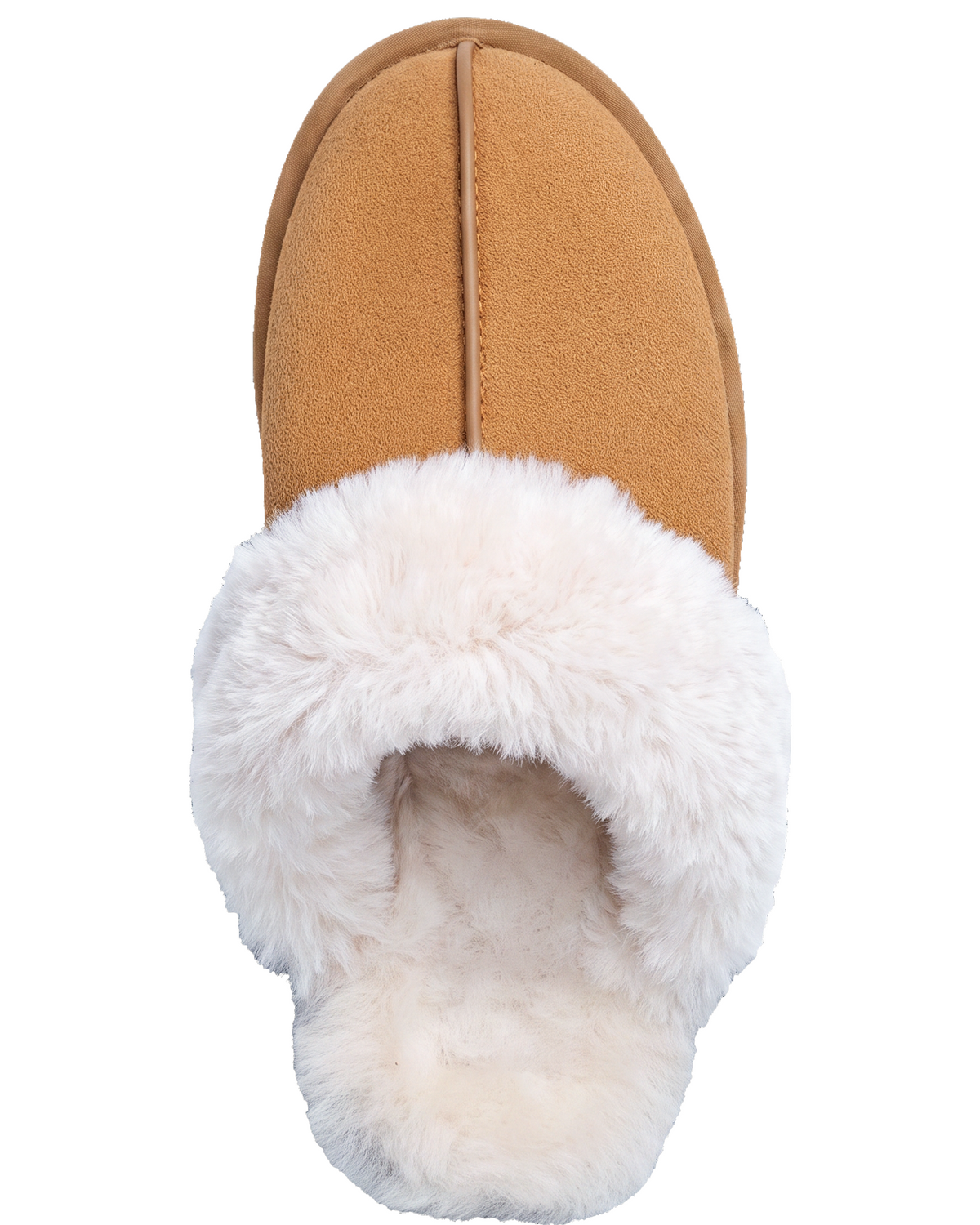 Chausson Merano en velours vegan camel, vue de dessus sur la doublure fourrure