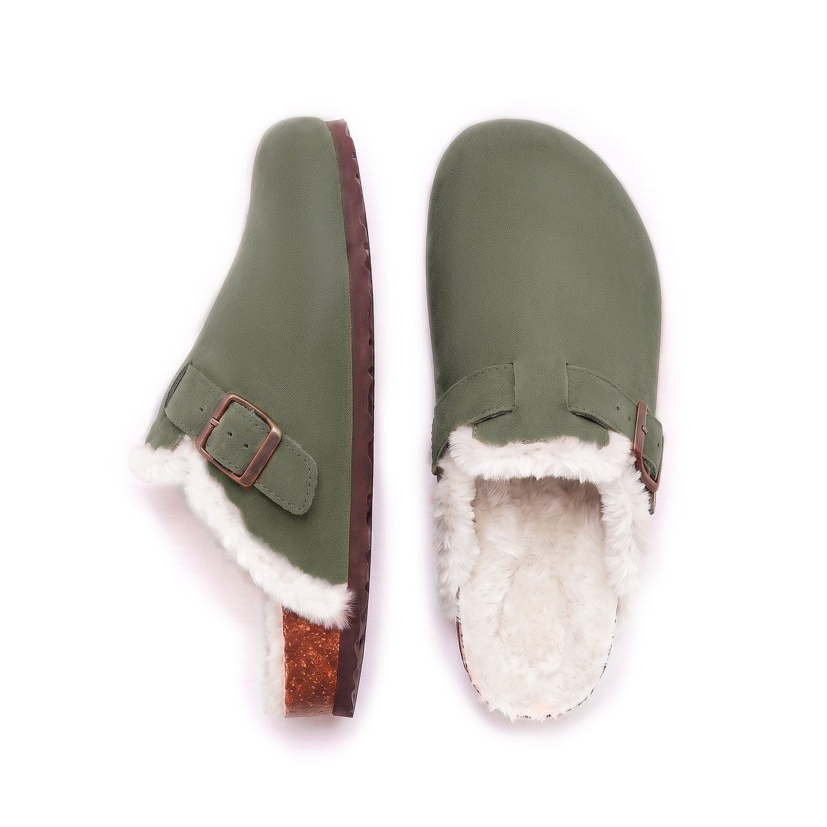 Paire de mules fourrées Bormio en velours vegan kaki, vue de dessus, doublure fourrure et semelle intérieure visibles