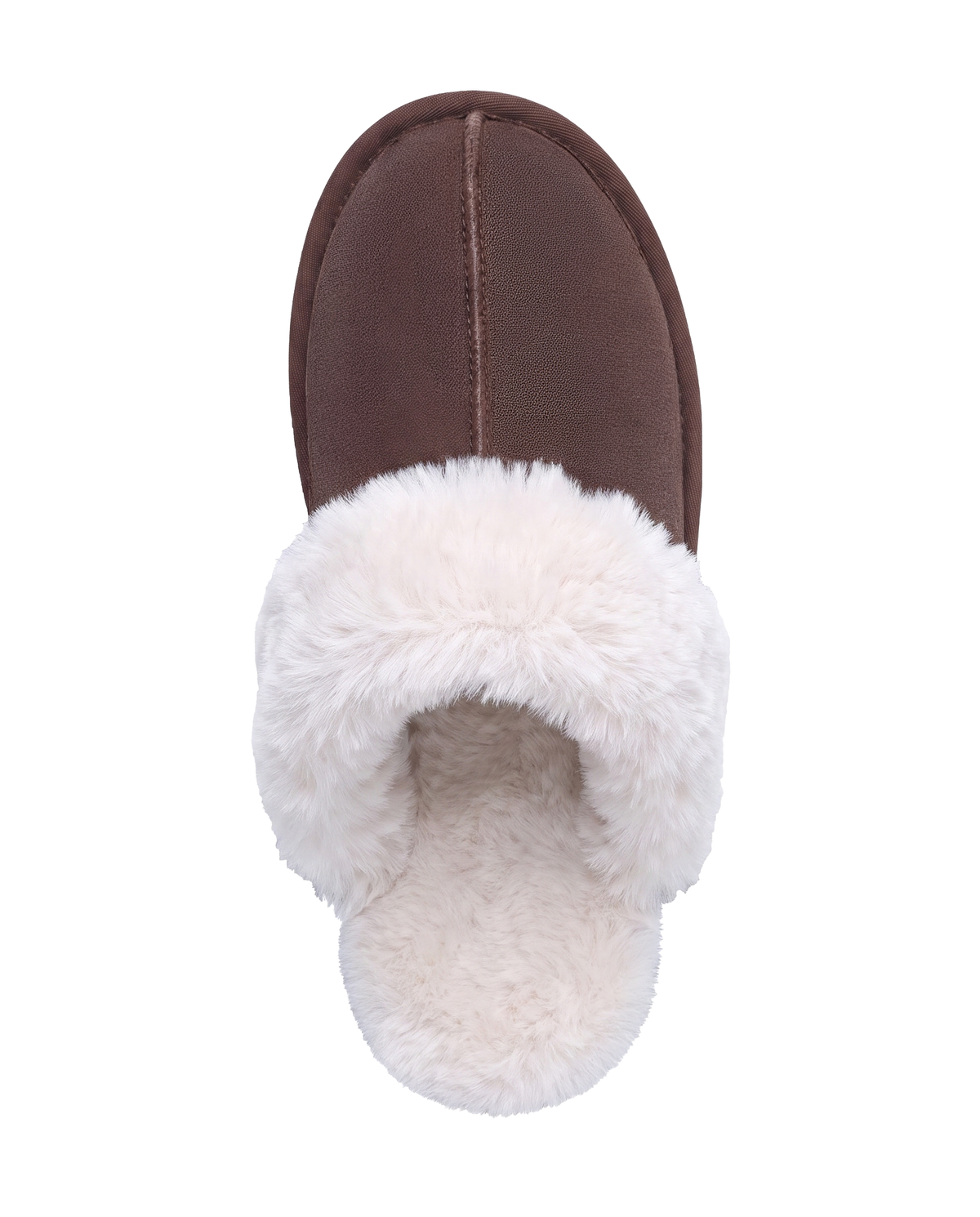 Chausson Merano en velours vegan marron, vue de dessus sur la doublure fourrure