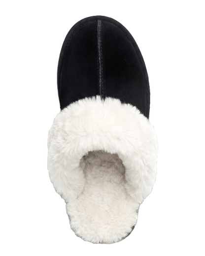 Chausson Merano en velours vegan noir, vue de dessus sur la doublure fourrure