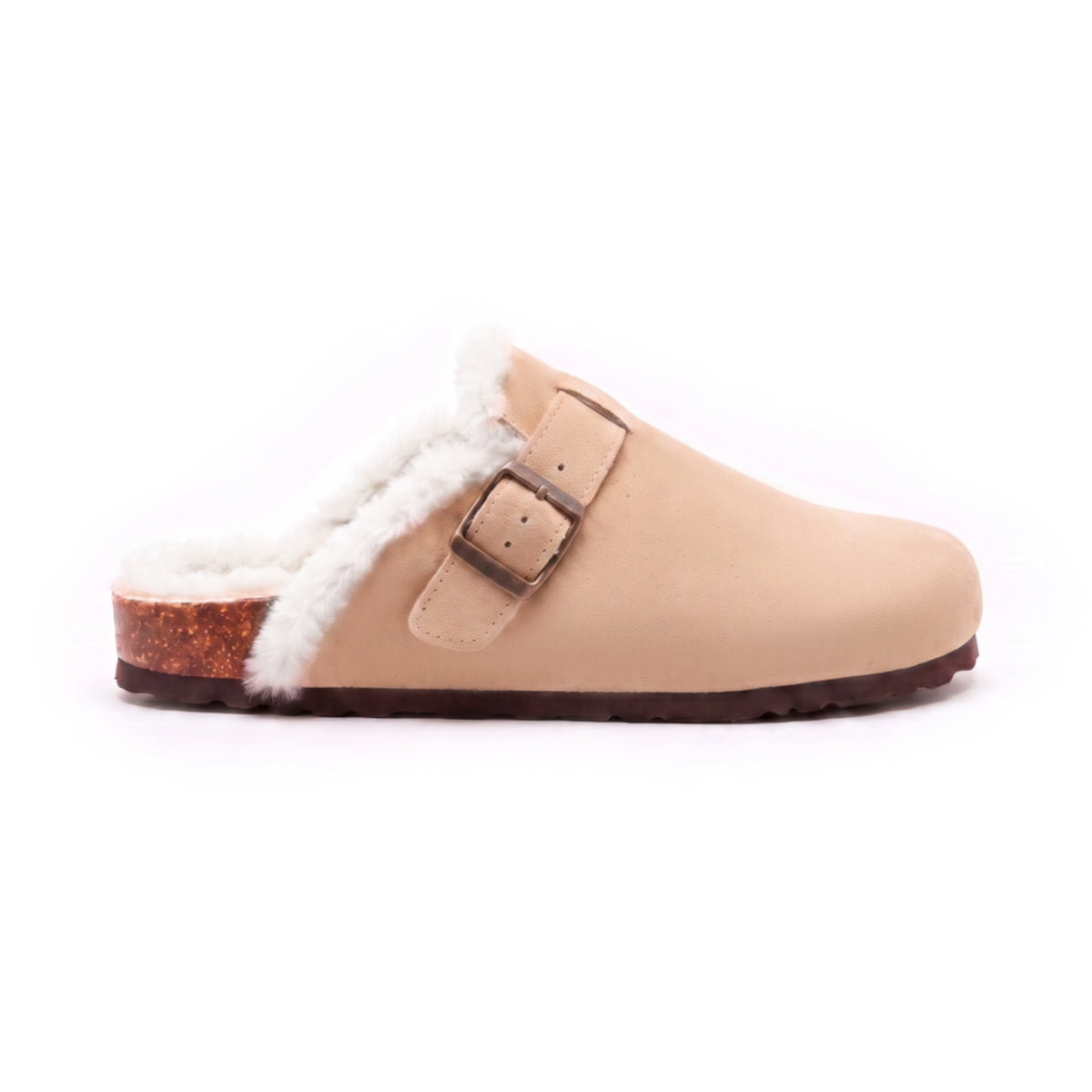 Mule fourrée Bormio en velours vegan taupe, vue de profil, boucle métallique réglable et semelle façon liège