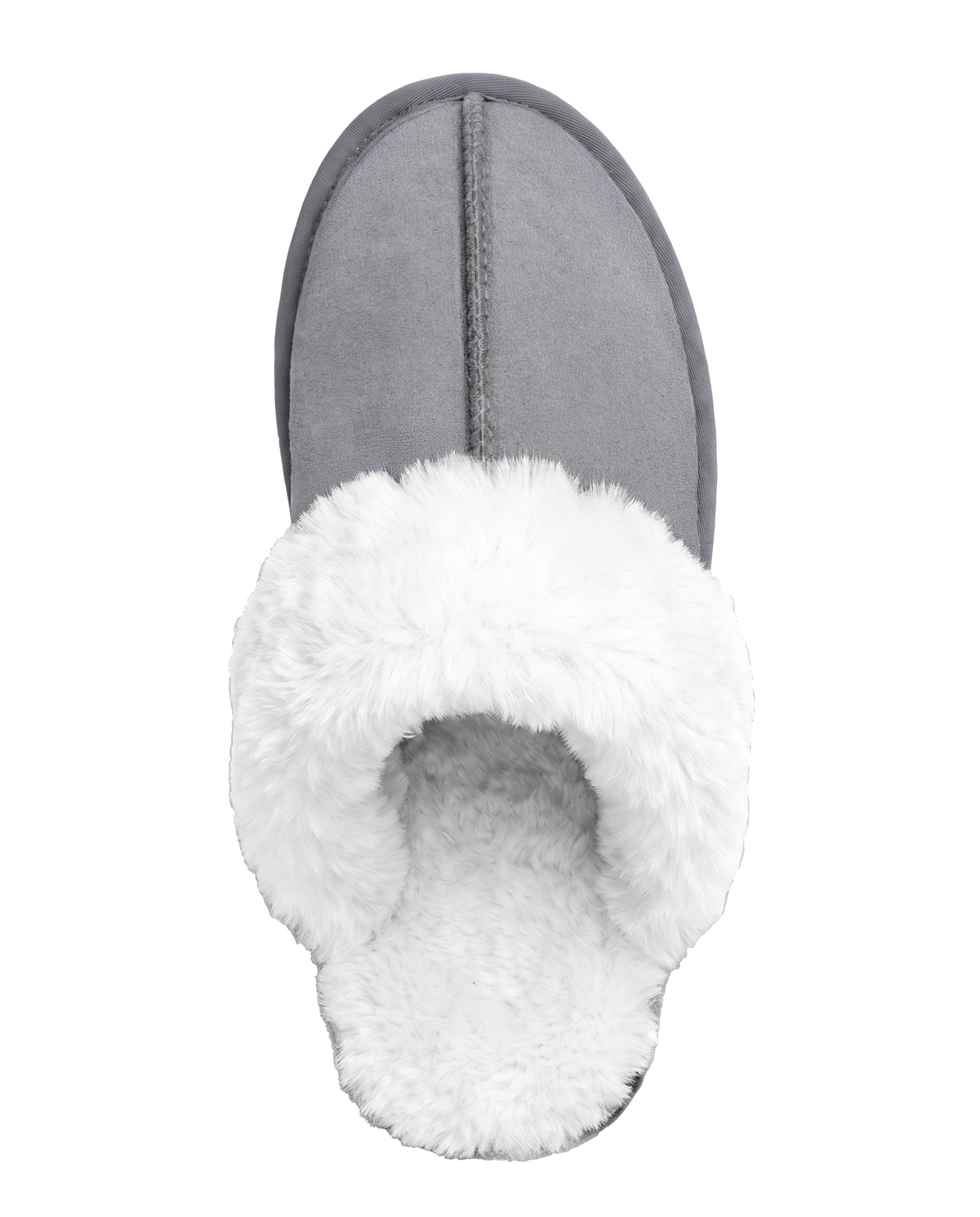 Chausson Merano en velours vegan gris, vue de dessus sur la doublure fourrure