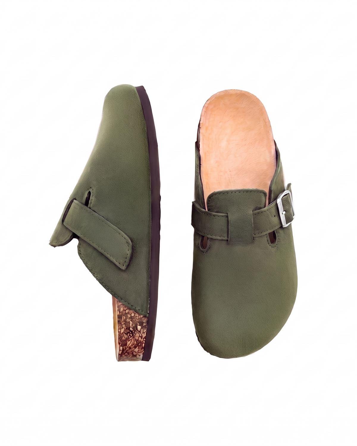 Mule Sienna en velours vegan kaki, vue de profil