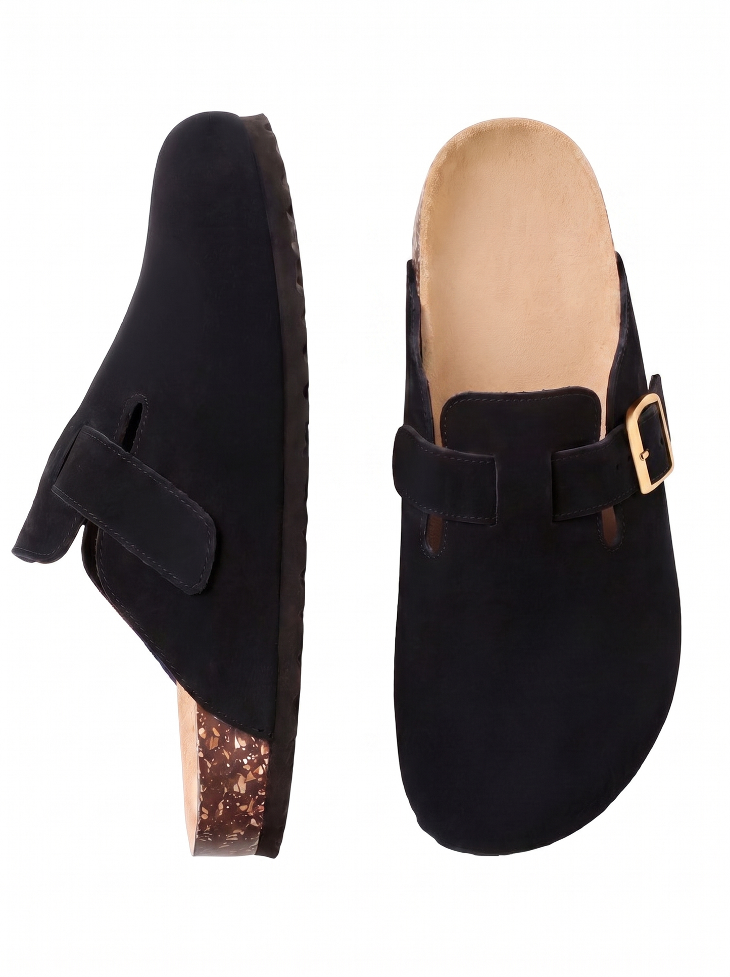 Mule Confort Suede coloris noir femme, vue de profil