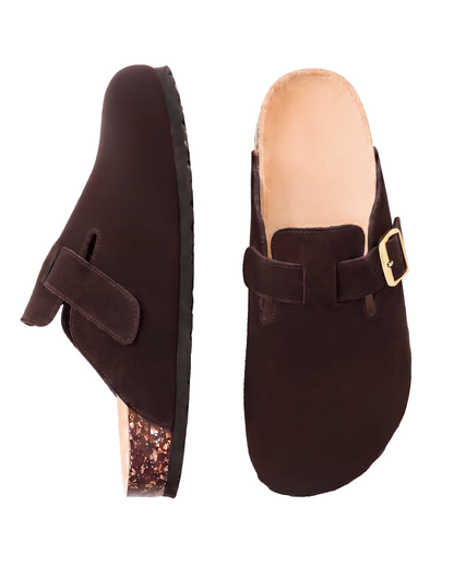 Mule Sienna en velours vegan marron, vue de profil