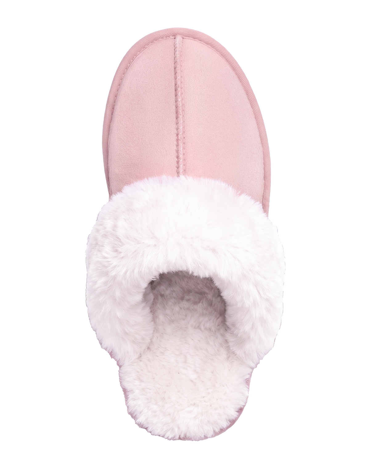 Chausson Merano en velours vegan rose, vue de dessus sur la doublure fourrure