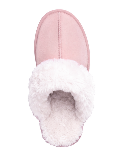Chausson Merano en velours vegan rose, vue de dessus sur la doublure fourrure